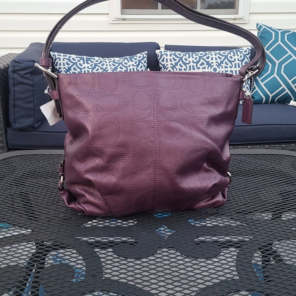 NWT Coach plum/silver perforated leather duffle shoulder bag F19407 - Picture 11 of 14